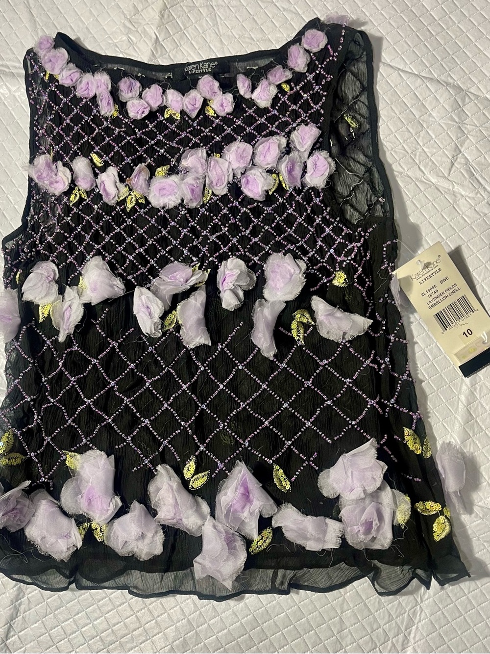 NWT! Karen Kane LifeStyle Wo Sz 10 Black Embellished Floral Appliqué Tank Top